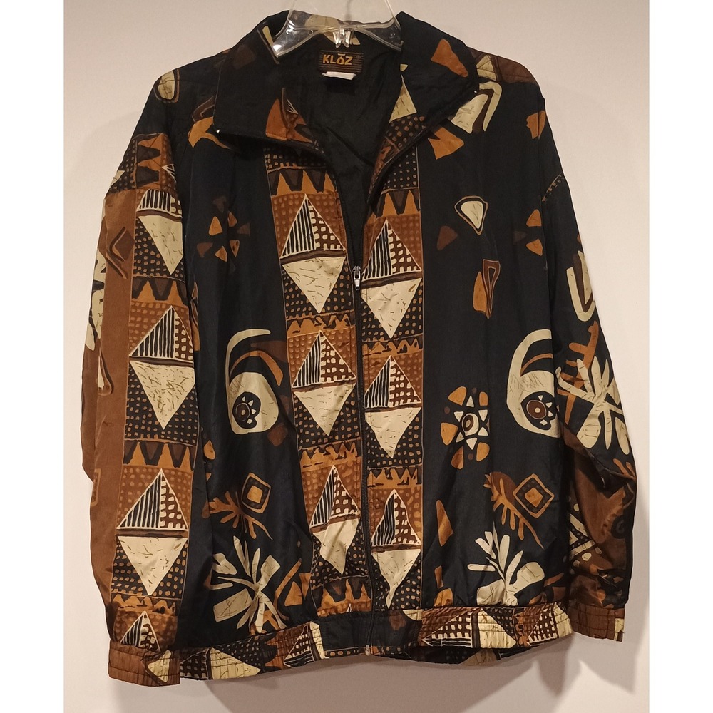 KLOZ Windbreaker Jacket Mens Brown Black Vintage 90s Abstract Tribal Zip Up